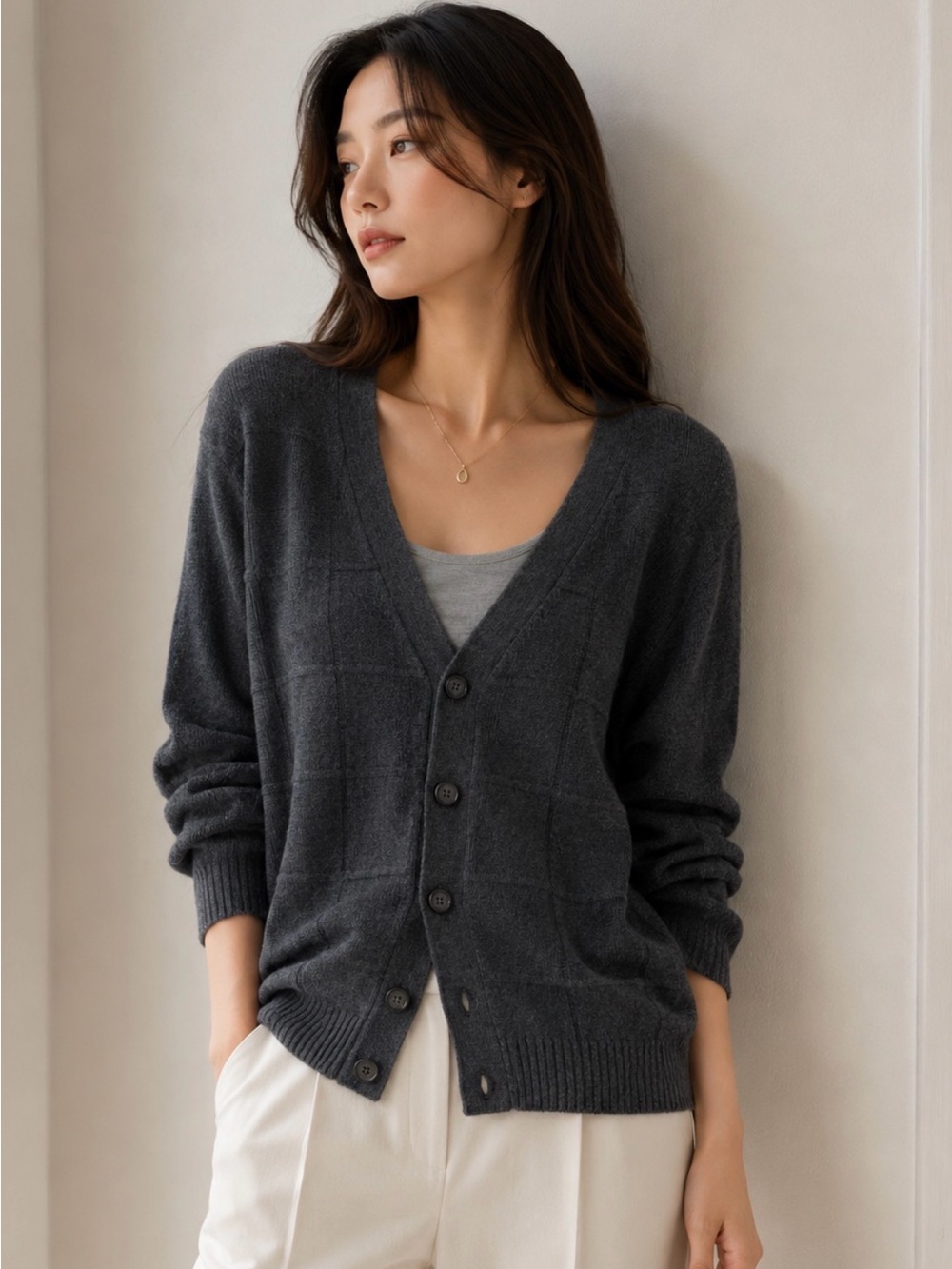 Oscar de la Renta Charcoal V-Neck Button Cardigan